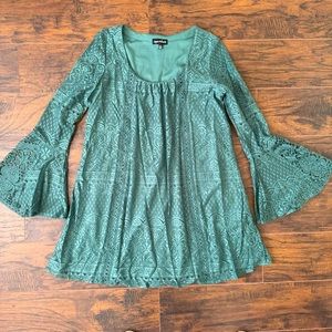 Sequin Hearts Blue Sage Lace Dress With Bell Sleeves